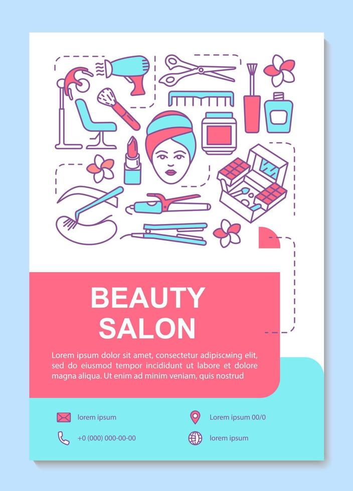Beauty salon poster template layout. Cosmetology parlor and SPA procedures. Banner, booklet, leaflet print design with linear icons. Vector brochure page layout for magazines, advertising flyers