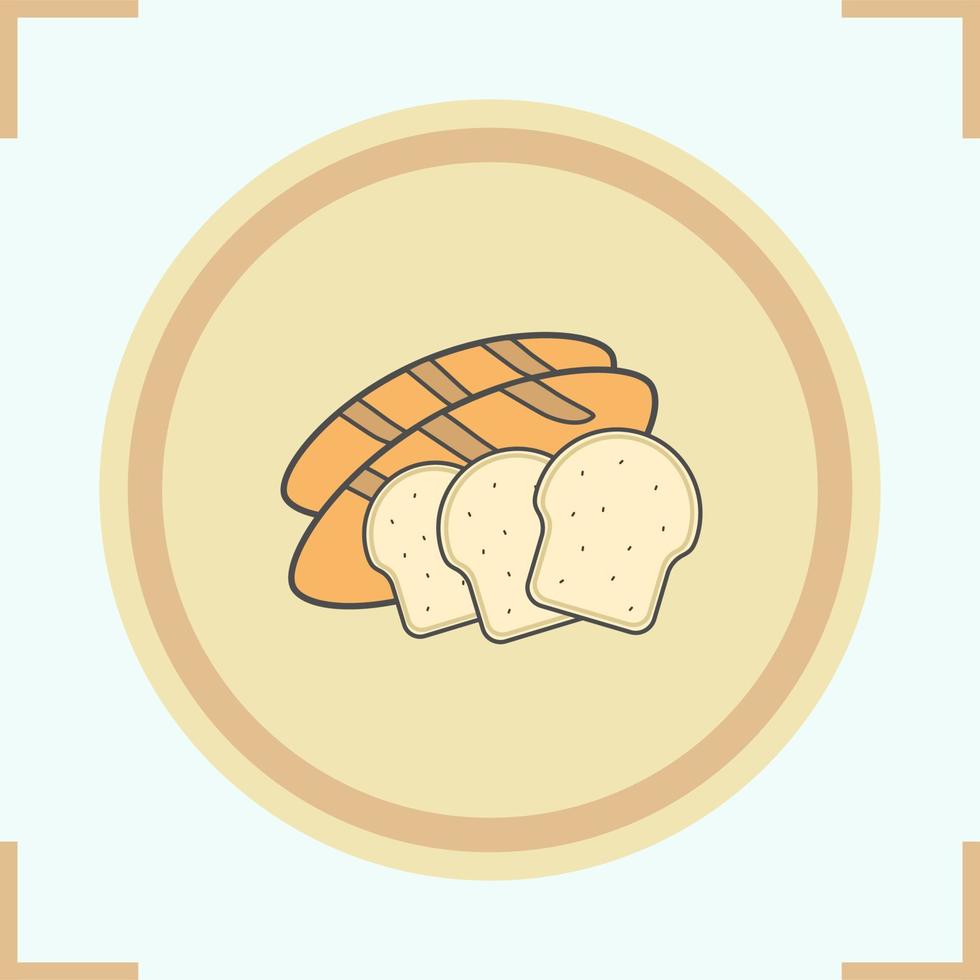 Bread color icon. Sliced bread pieces. Grocery store products. Toasts on wooden plate vector isolated illustration