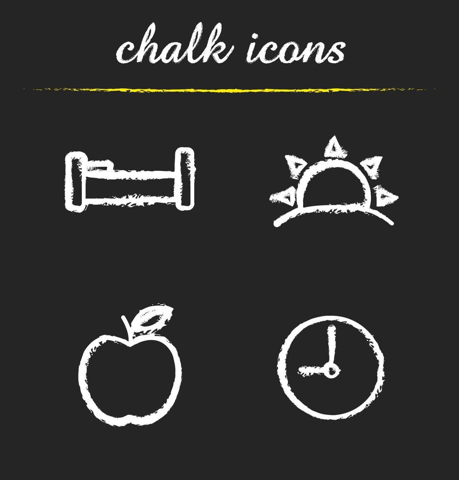 Daily timetable icons set. Bed, sunrise, apple and clock. Waking up, morning time and breakfast symbols. Healthy lifestyle isolated vector chalkboard drawings