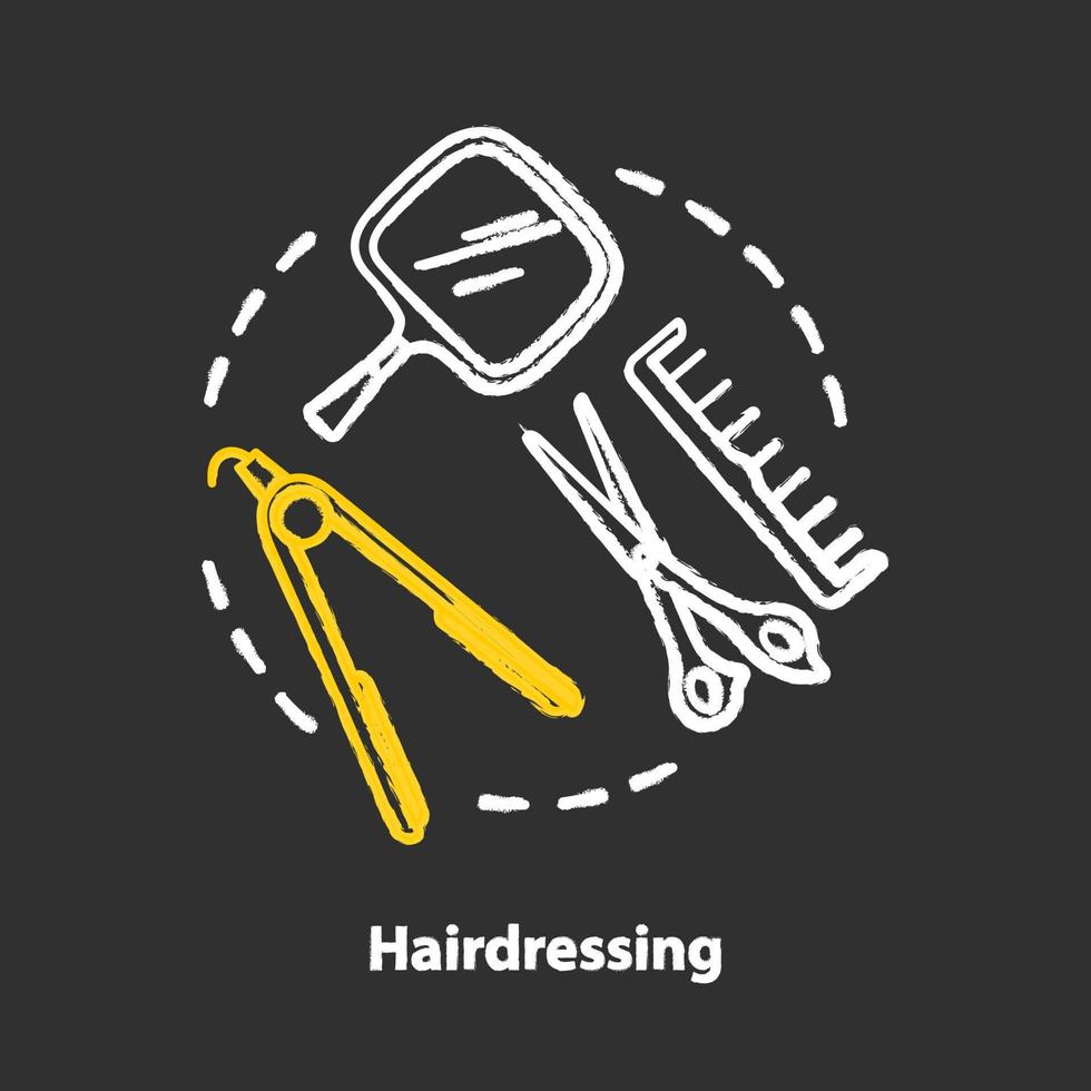 Hairdressing chalk concept icon. Hairdresser salon professional equipment, hairstylist tools idea. Scissors, comb and straightening iron for hairstyling. Vector isolated chalkboard illustration