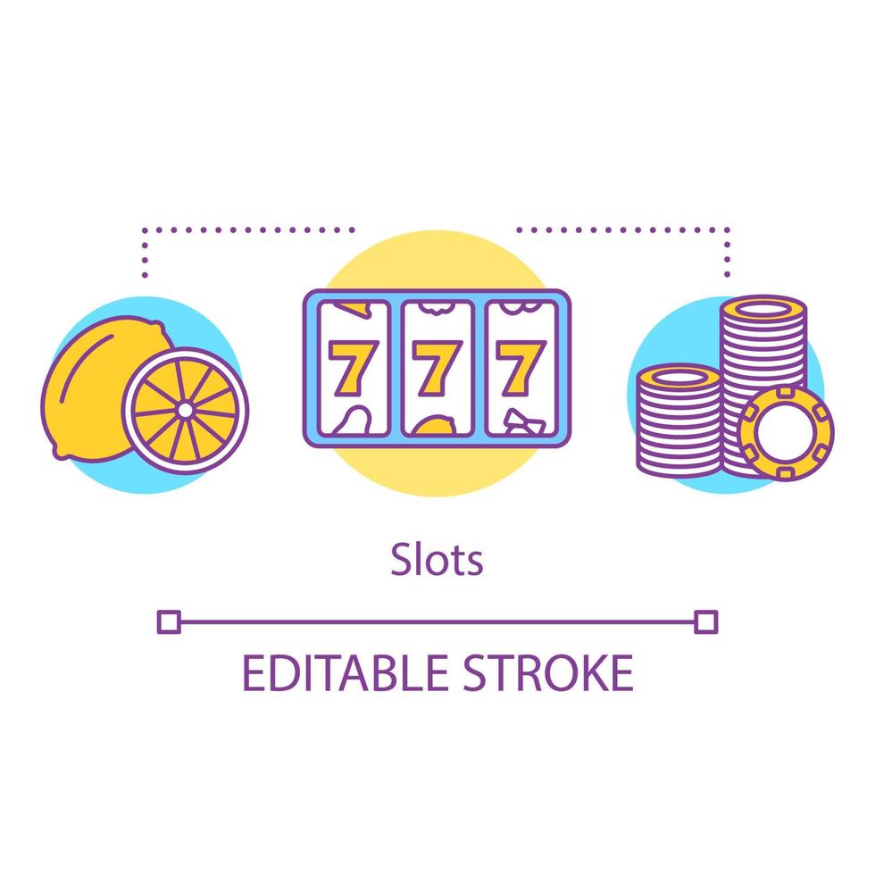 Slots machine concept icon. One armed bandit idea thin line illustration. Lucky seven, 777. Casino games and gambling. Roulette, lottery. Lucky spin. Vector isolated outline drawing. Editable stroke