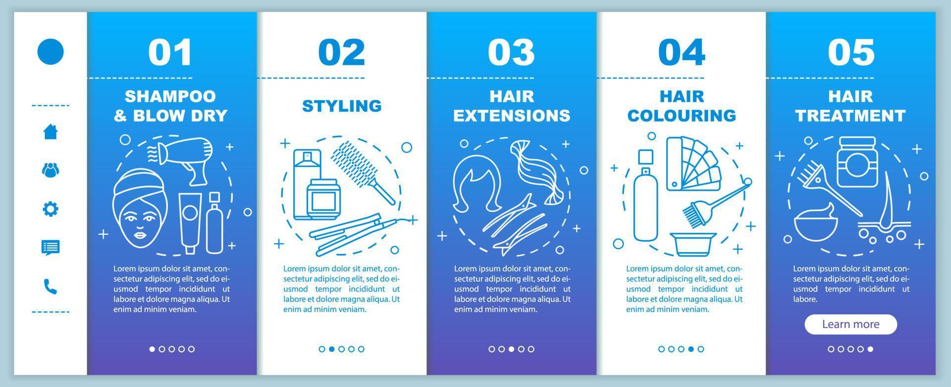 Hairdresser salon services onboarding mobile web pages vector template. Responsive smartphone website interface idea with linear illustrations. Webpage walkthrough step screens. Color concept