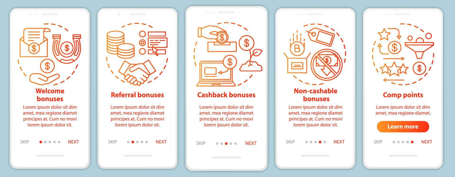 Casino bonuses onboarding mobile app page screen with linear concepts. Gambling. Comp points, cash back, referral, welcome bonuses. Walkthrough steps graphic instructions. UX, UI, GUI vector template