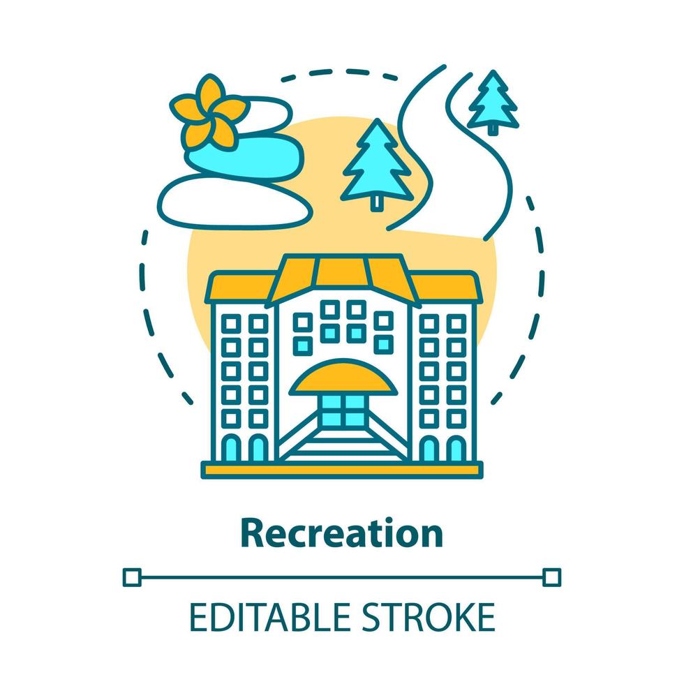 Recreation concept icon. Urban and outdoors recreation services idea thin line illustration. Active rest. Leisure industry. Tourism management. Vector isolated outline drawing. Editable stroke