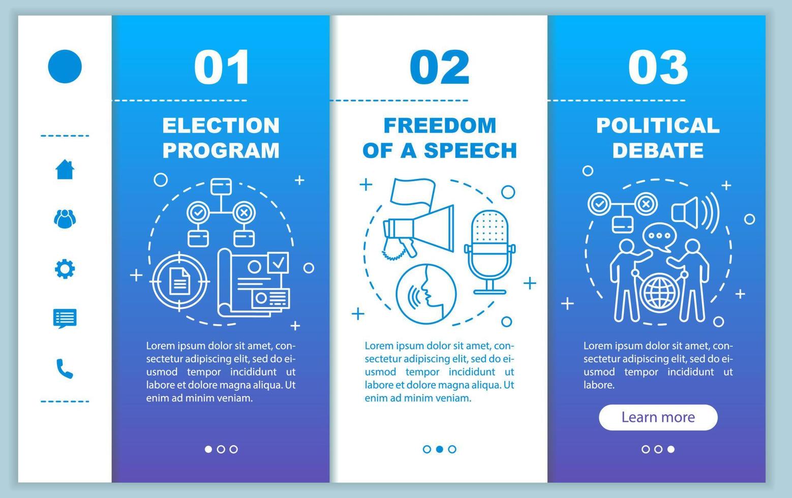 Election day onboarding mobile web pages vector template. Free speech. Responsive smartphone website interface idea with linear illustrations. Webpage walkthrough step screens. Color concept