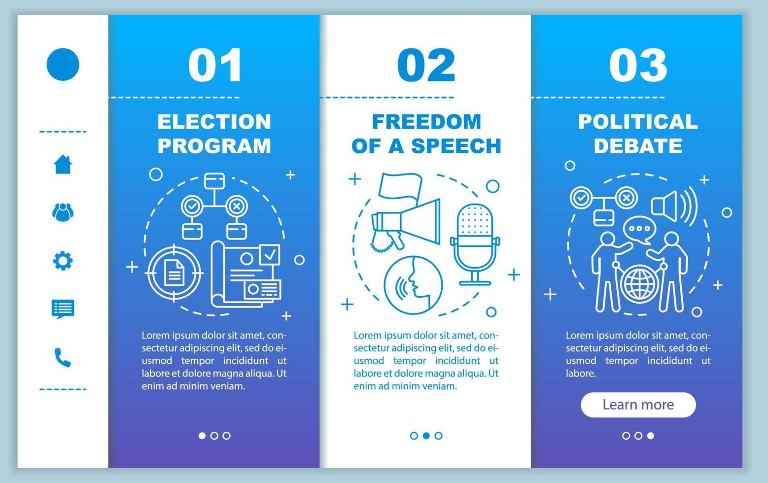 Election day onboarding mobile web pages vector template. Free speech. Responsive smartphone website interface idea with linear illustrations. Webpage walkthrough step screens. Color concept