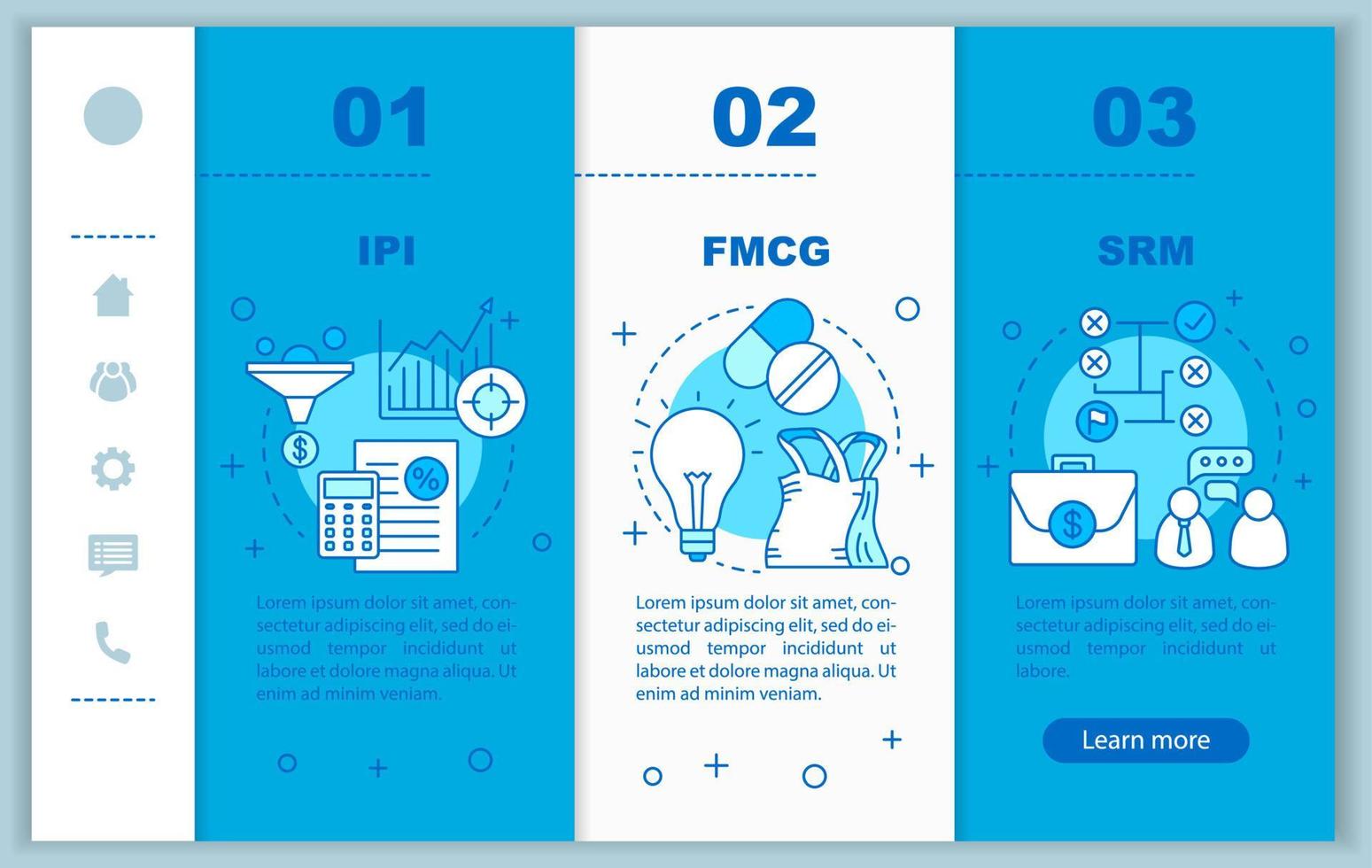 Industry management onboarding mobile web pages vector template. IPI, FMCG, SRM. Responsive smartphone website interface idea with linear illustration. Webpage walkthrough step screens. Color concept