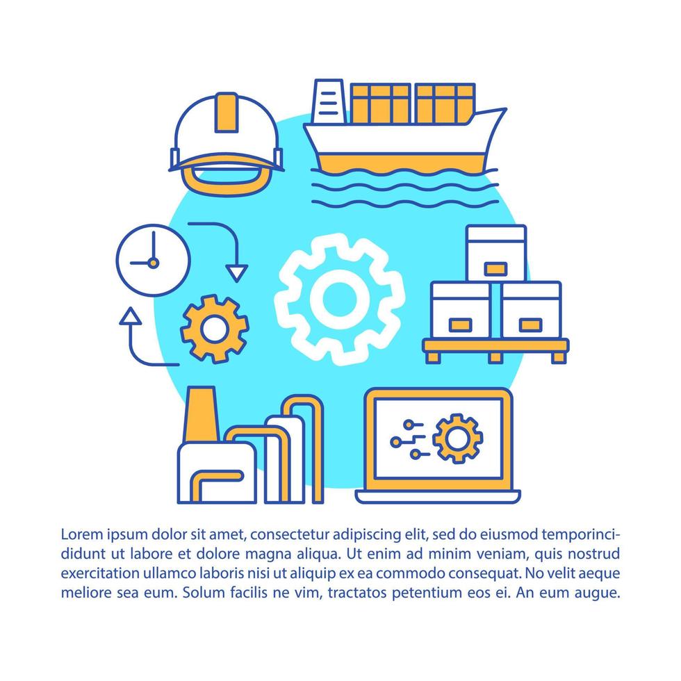 plantilla de vector de página de artículo de la industria. proceso de fabricación del producto. folleto, revista, elemento de diseño de folleto con iconos lineales y cuadros de texto. diseño de impresión. ilustraciones de concepto con espacio de texto