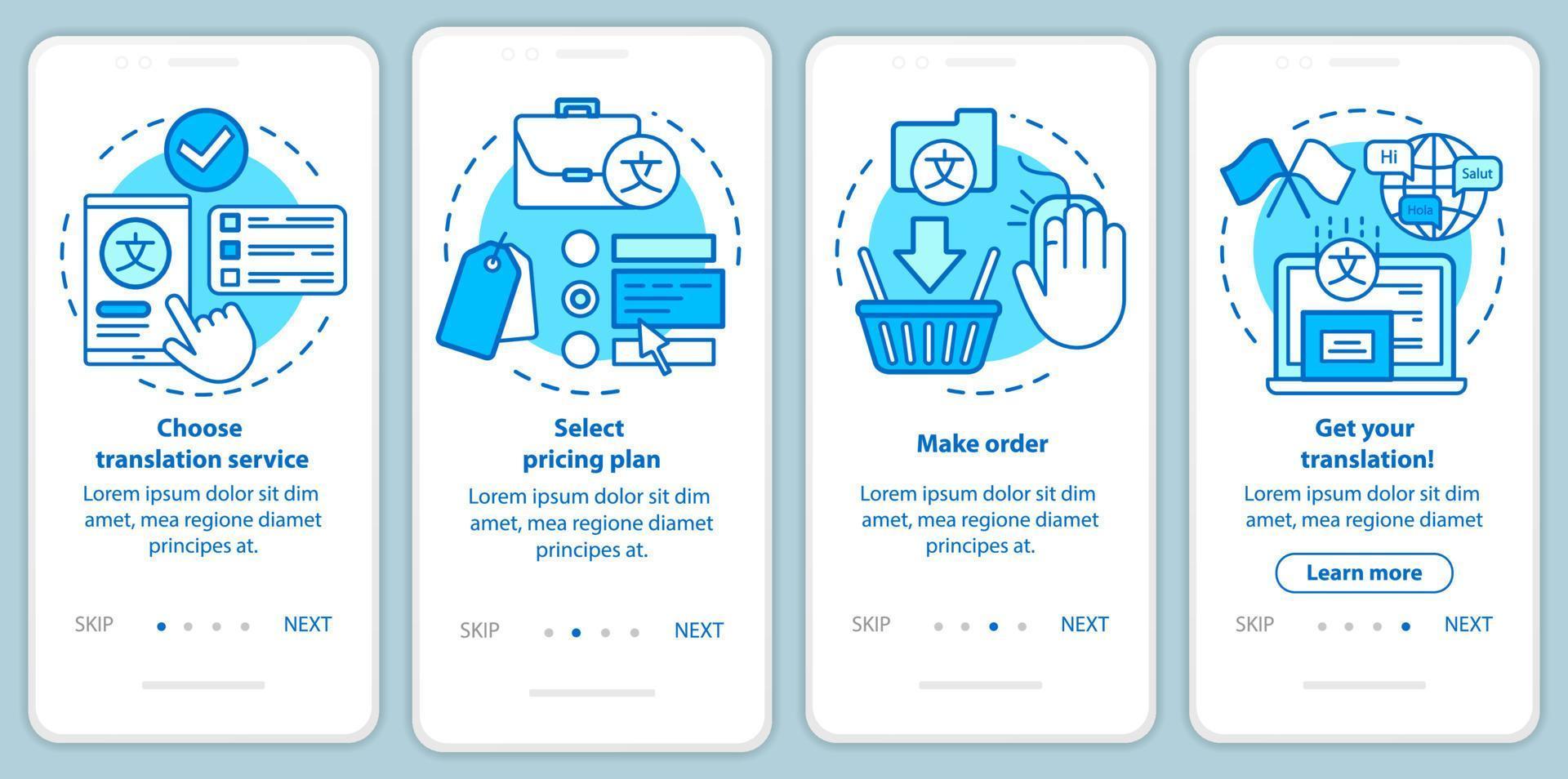Translation service process blue onboarding mobile app page screen with linear concepts. Select pricing plan, make order walkthrough steps graphic instructions. UX, UI, GUI vector template with icons