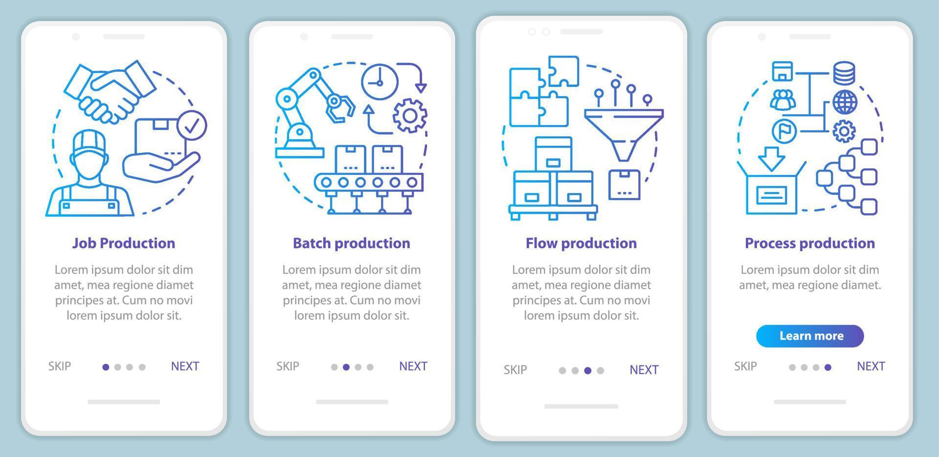 Método de fabricación Plantilla de vector de pantalla de página de aplicación móvil de incorporación azul. trabajo, lote, flujo, proceso de producción. paso a paso del sitio web con iconos lineales. concepto de interfaz de teléfono inteligente ux, ui, gui