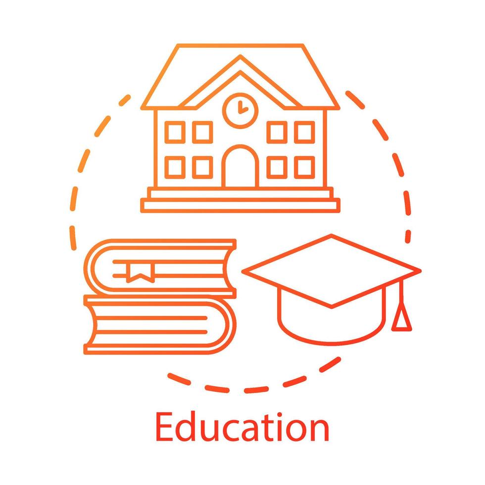 Education concept icon. Knowledge transfer. Teaching, learning skills. School building, books, graduation cap idea thin line illustration. Vector isolated outline drawing. Editable stroke