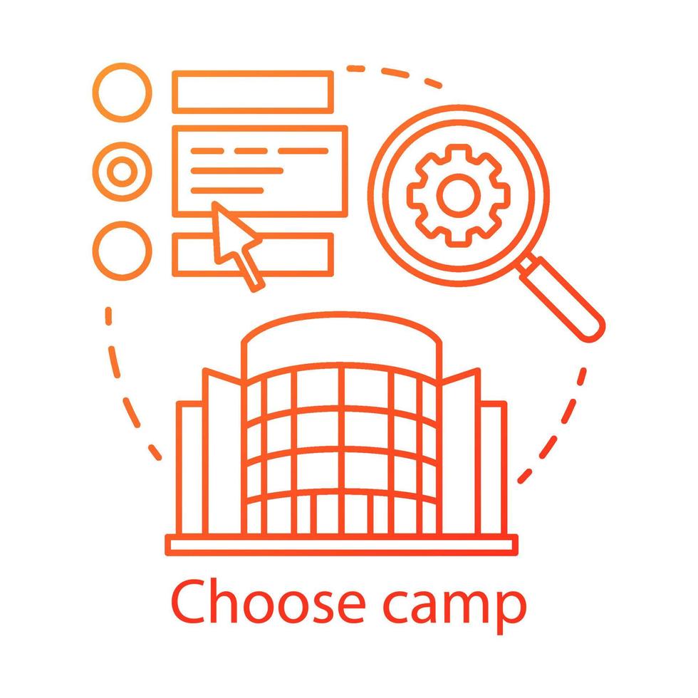 Choose camp concept icon. Holiday resort, interest club application idea thin line illustration. Different summer camp variants research, information. Vector isolated outline drawing. Editable stroke