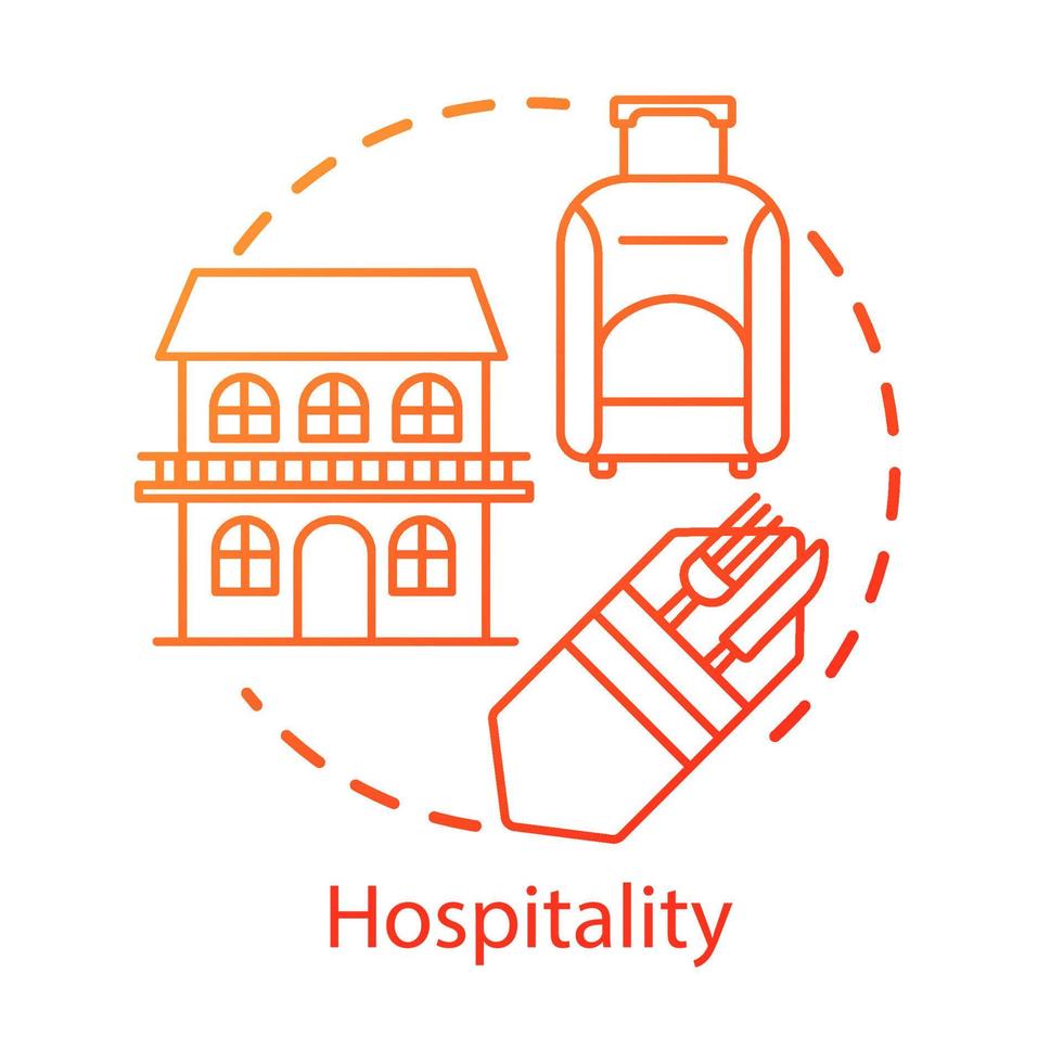 Hospitality concept icon. Lodging industry. Restaurant and hotel service. Accommodation for travelers. Tourist sector idea thin line illustration. Vector isolated outline drawing. Editable stroke