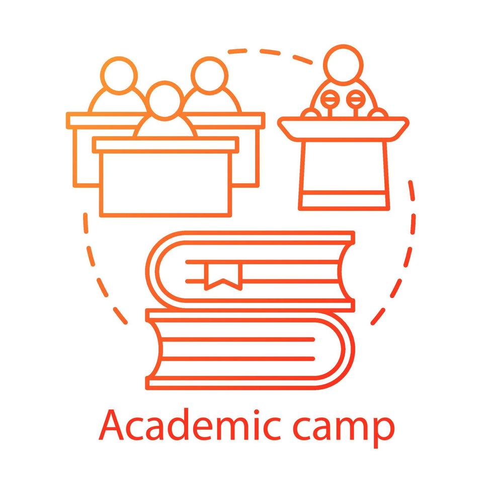 Academic camp concept icon. Knowledge, educational club, community thin line illustration. Sharing learning experience. College, university facility. Vector isolated outline drawing. Editable stroke