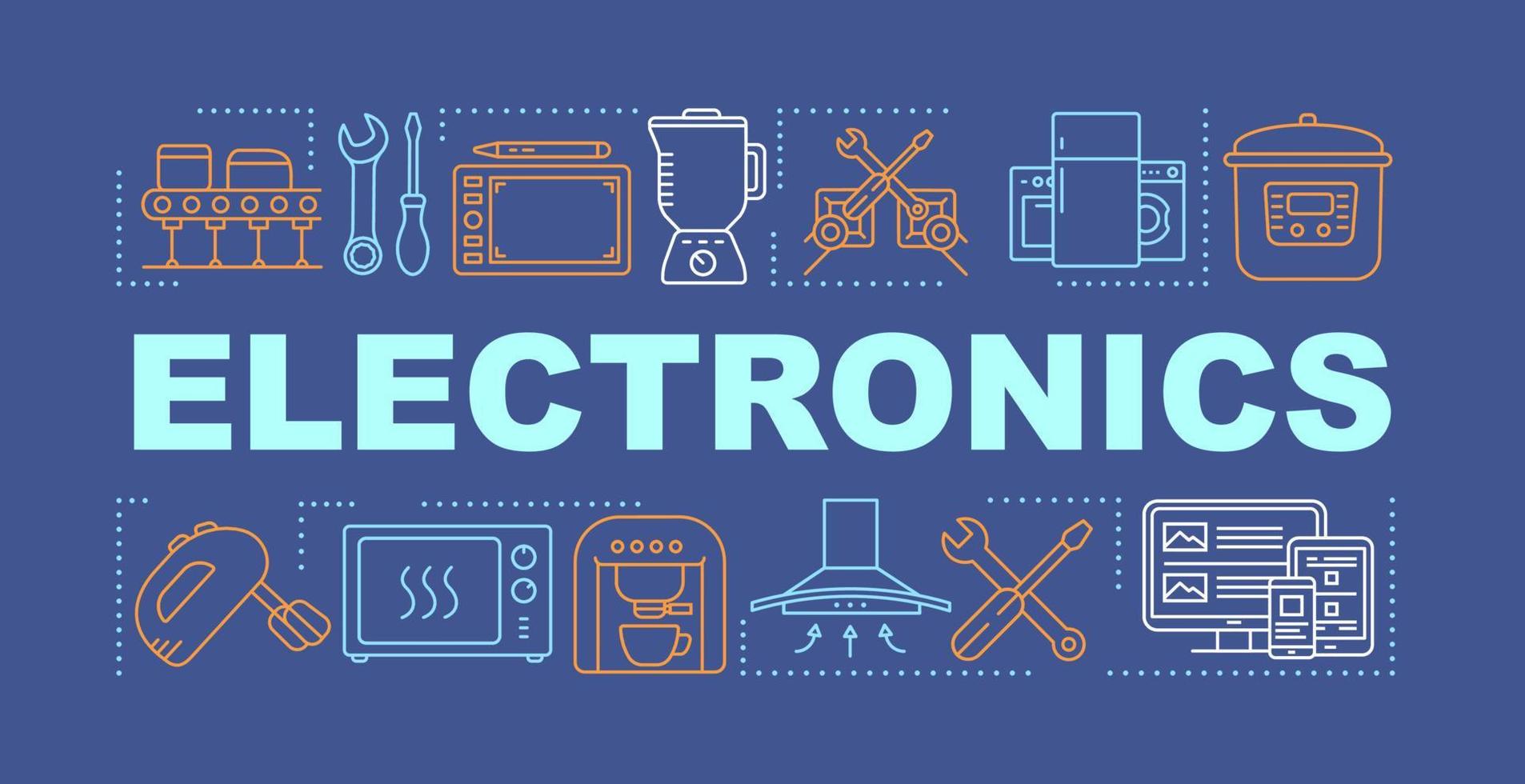 banner de conceptos de palabra electrónica. fabricación, mantenimiento y reparación de electrodomésticos. presentación, sitio web. idea de tipografía de letras aisladas con iconos lineales. ilustración de contorno vectorial vector