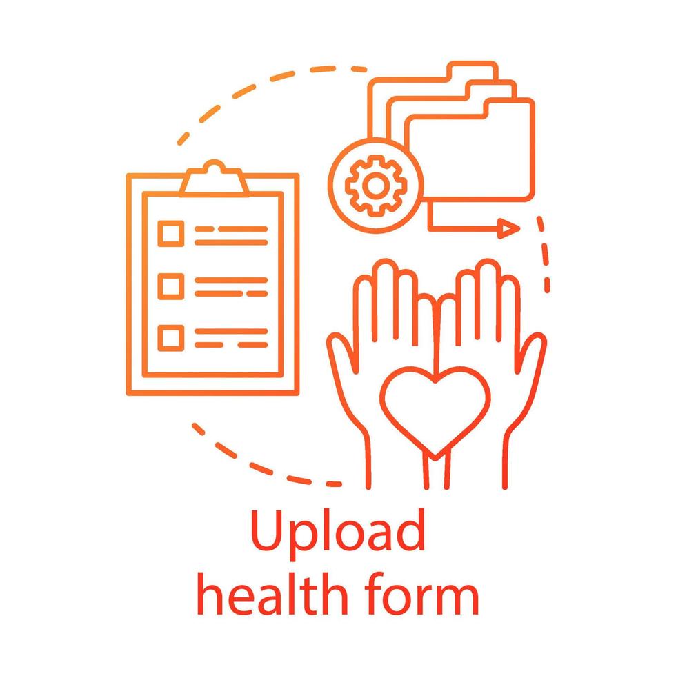 Upload health form concept icon. Camp, interest club application idea thin line illustration. Mandatory health check, verification before camping trip. Vector isolated outline drawing. Editable stroke