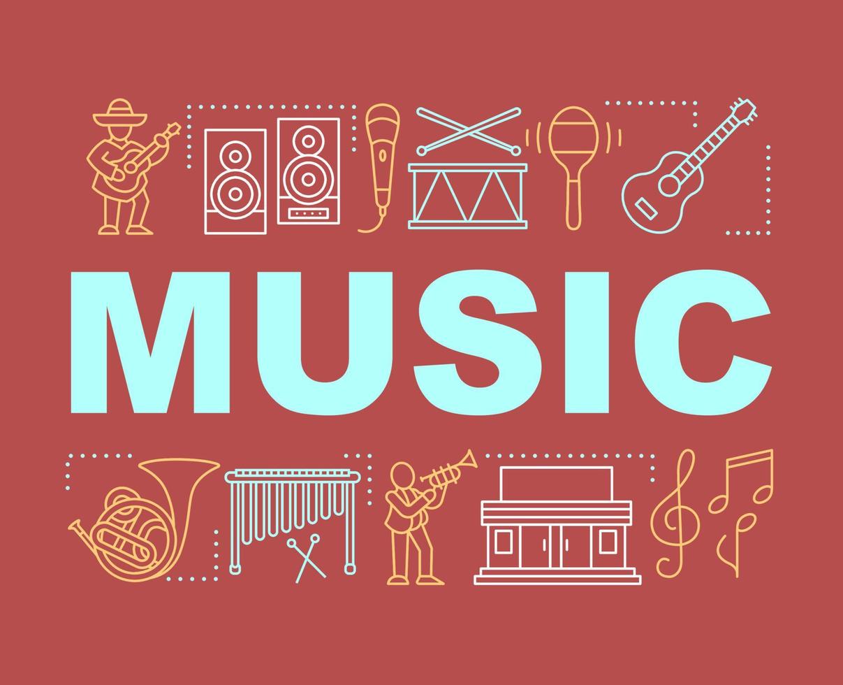 Music word concepts banner. Acoustic, jazz, folk concert. Organization of festival. Presentation, website. Isolated lettering typography idea with linear icons. Vector outline illustration