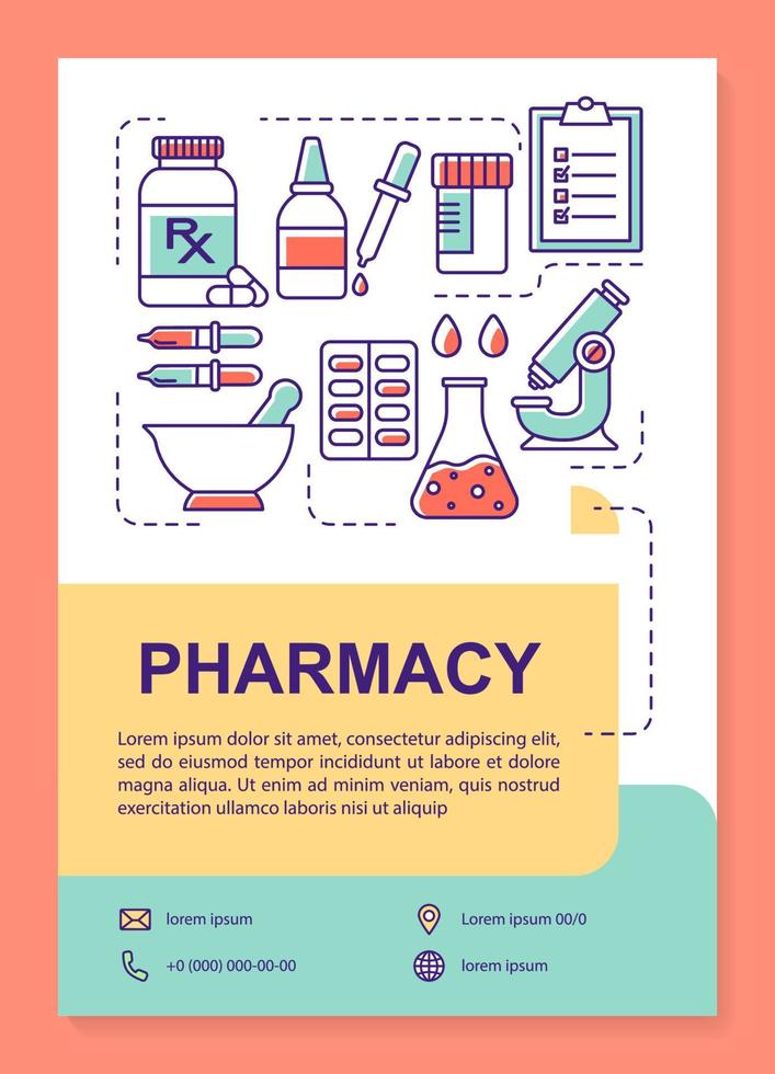 Pharmaceutical industry poster template layout. Drugs production. Banner, booklet, leaflet print design with linear icons. Vector brochure page layouts for magazines, advertising flyers
