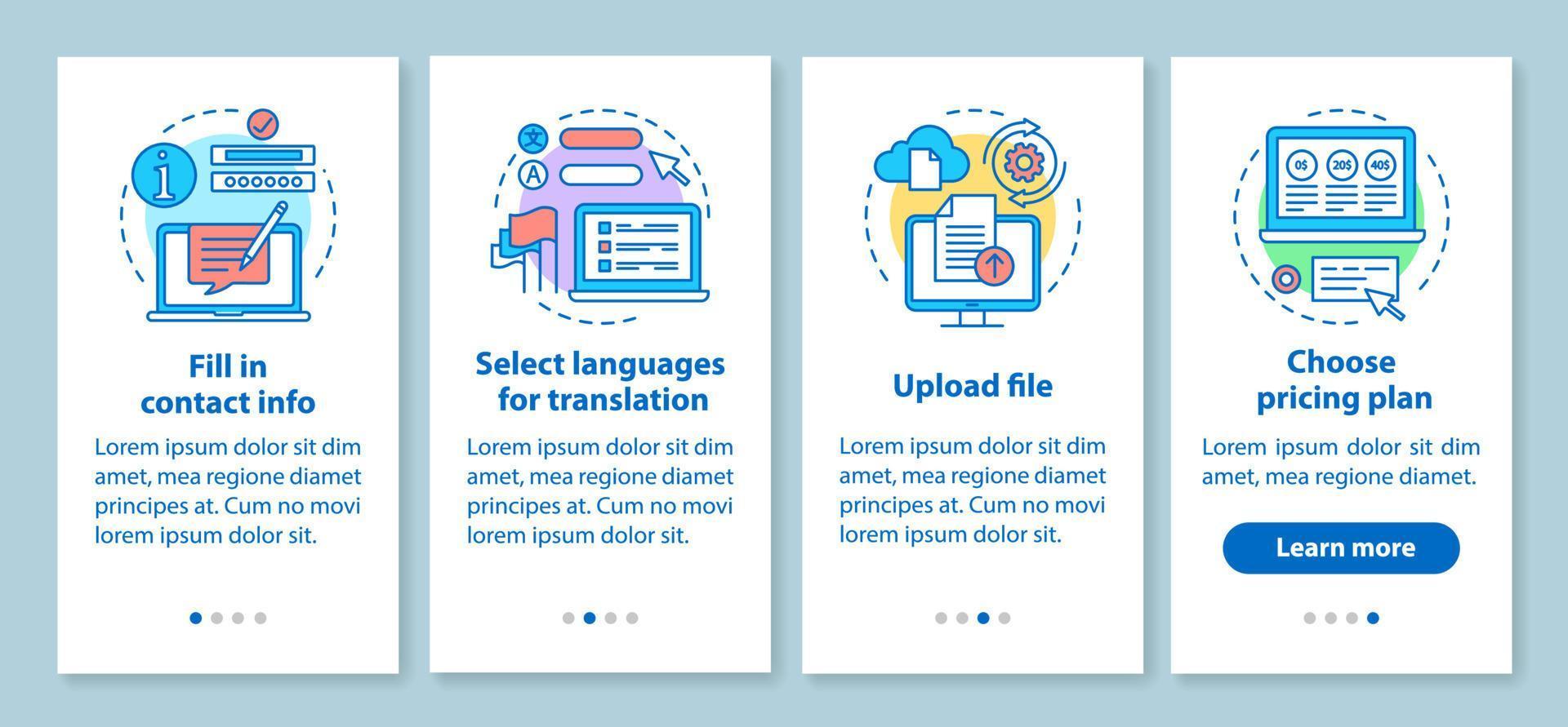 Servicio de traducción que incorpora la pantalla de la página de la aplicación móvil con conceptos lineales. cargar archivo, plan de precios, información de contacto, paso a paso, instrucciones gráficas. ux, ui, plantilla de vector de interfaz gráfica de usuario con iconos