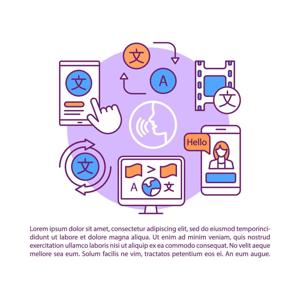 Translation processes article page vector template. Language learning. Brochure, magazine, booklet design element with linear icons and text boxes. Print design. Concept illustrations with text space
