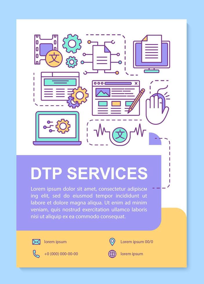 DTP services brochure template layout. Desktop publishing service. Flyer, booklet, leaflet print design with linear illustrations. Vector page layouts for magazines, reports, advertising posters