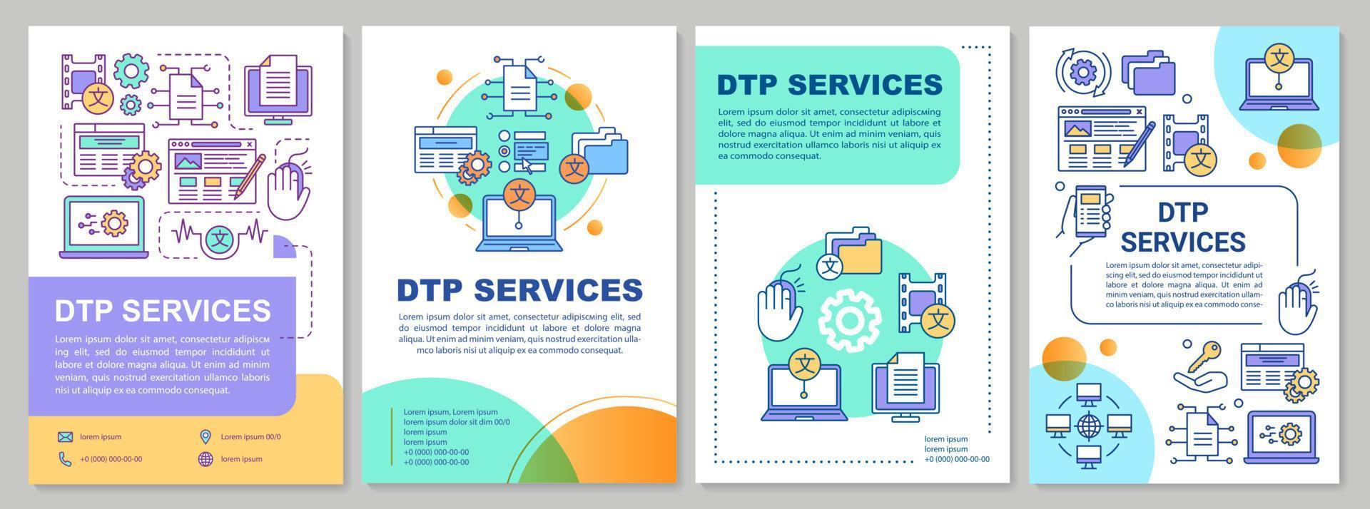 DTP services brochure template layout. Desktop publishing service. Flyer, booklet, leaflet print design with linear illustrations. Vector page layouts for magazines, reports, advertising posters