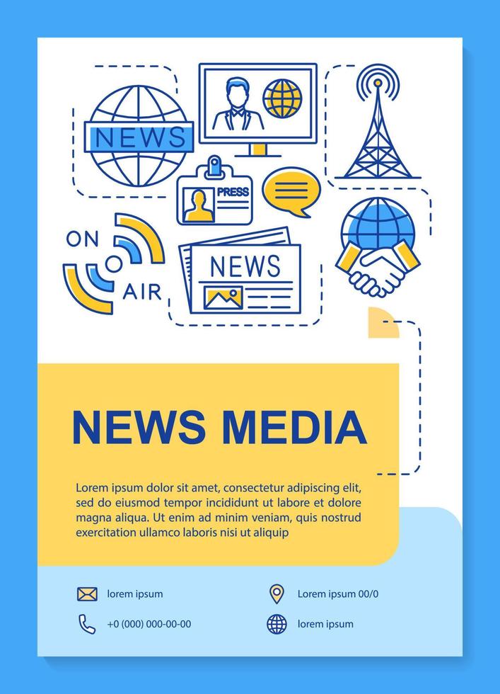 News media poster template layout. Telecommunication industry. Banner, booklet, leaflet print design with linear icons. Vector brochure page layouts for magazines, advertising flyers