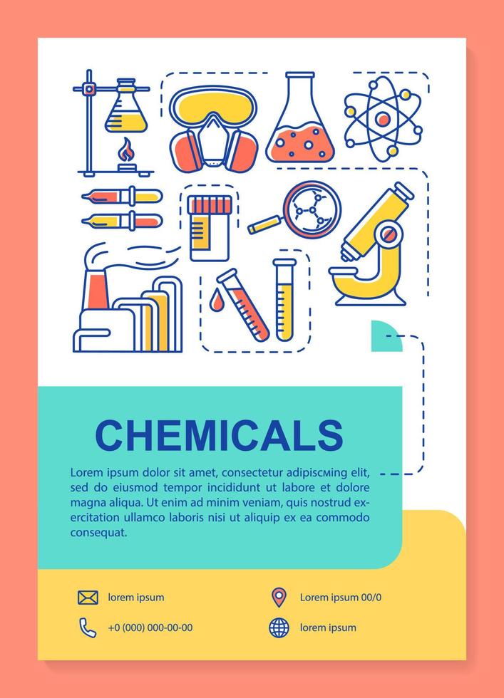 Chemicals industry poster template layout. Scientific research, lab. Banner, booklet, leaflet print design with linear icons. Vector brochure page layouts for magazines, advertising flyers