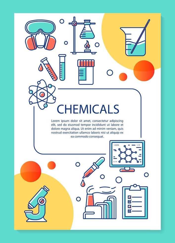 Chemicals industry poster template layout. Scientific research, lab. Banner, booklet, leaflet print design with linear icons. Vector brochure page layouts for magazines, advertising flyers