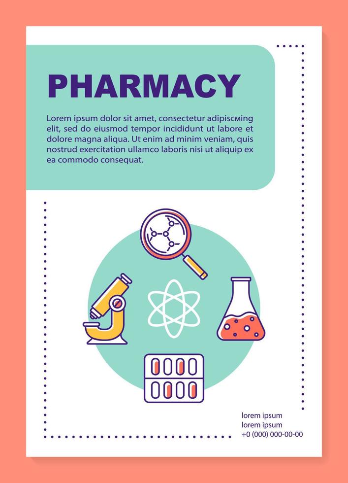 Pharmaceutical industry poster template layout. Drugs production. Banner, booklet, leaflet print design with linear icons. Vector brochure page layouts for magazines, advertising flyers