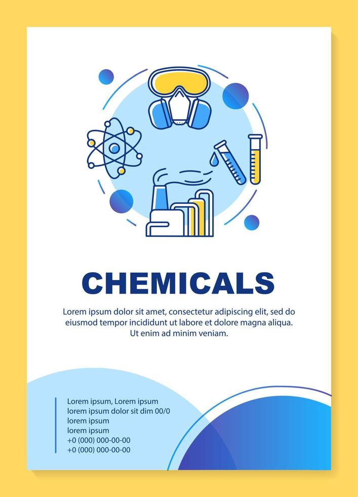 Chemicals industry poster template layout. Scientific research, lab. Banner, booklet, leaflet print design with linear icons. Vector brochure page layouts for magazines, advertising flyers