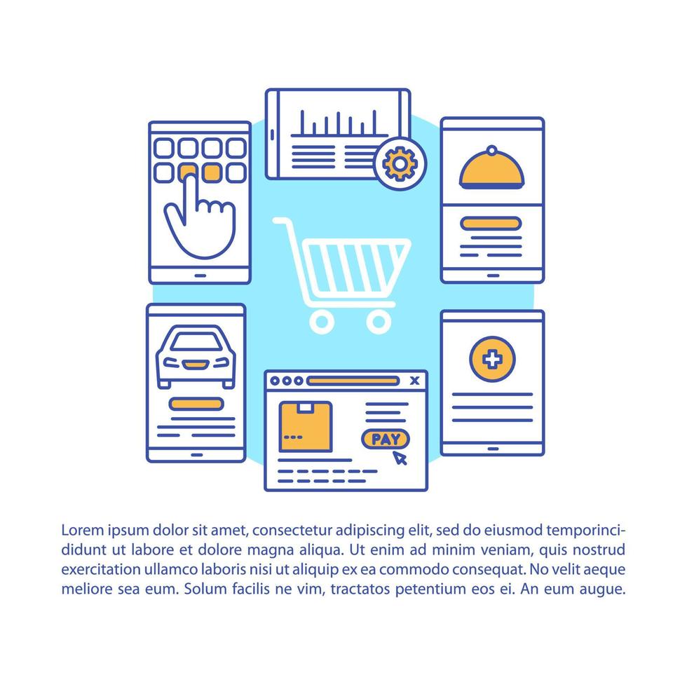 On demand services article page vector template. E commerce brochure, magazine, booklet design element with linear icons and text boxes. Print design. Concept illustrations with text space