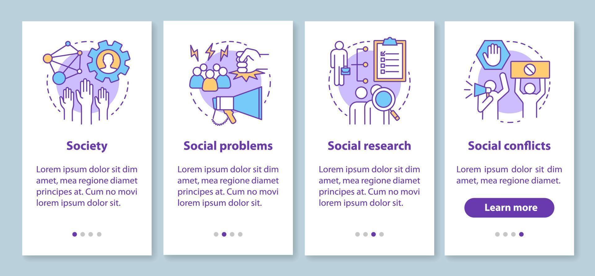 Sociology onboarding mobile app page screen with linear concepts. Society, social problems, conflicts walkthrough steps graphic instructions. Social research. UX, UI, GUI vector template with icons
