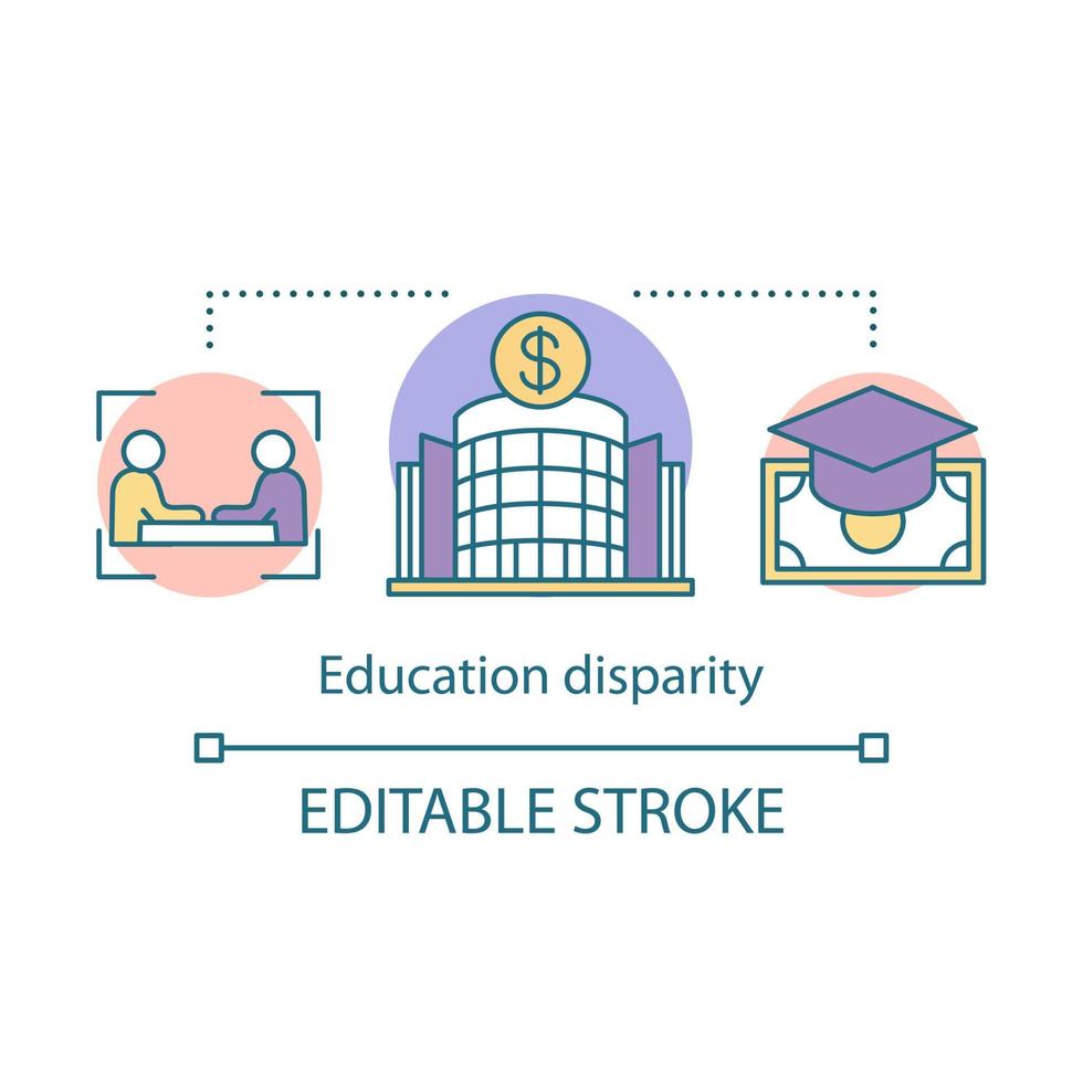 Education disparity concept icon. College, university expensive paid education thin line illustration. Business school. Student loan, financial aid. Vector isolated outline drawing. Editable stroke
