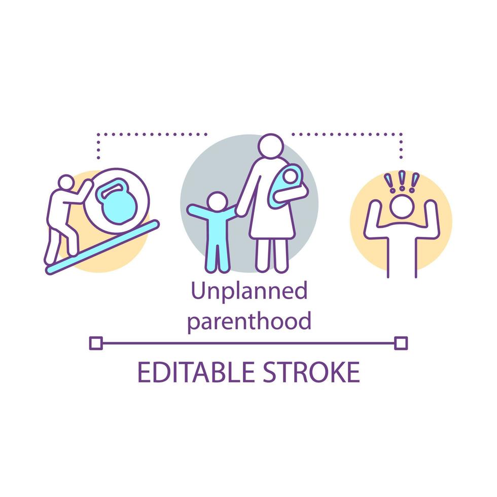 Unplanned parenthood concept icon. Single parenthood idea thin line illustration. Unwanted, unintended pregnancy. Parenting stress. Raising child burden. Vector isolated drawing. Editable stroke