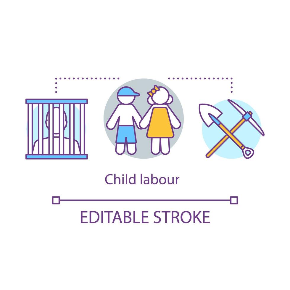 Child labour concept icon. Trafficking and exploitation of children idea thin line illustration. Illegal child work and employment, slavery. Vector isolated outline drawing. Editable stroke