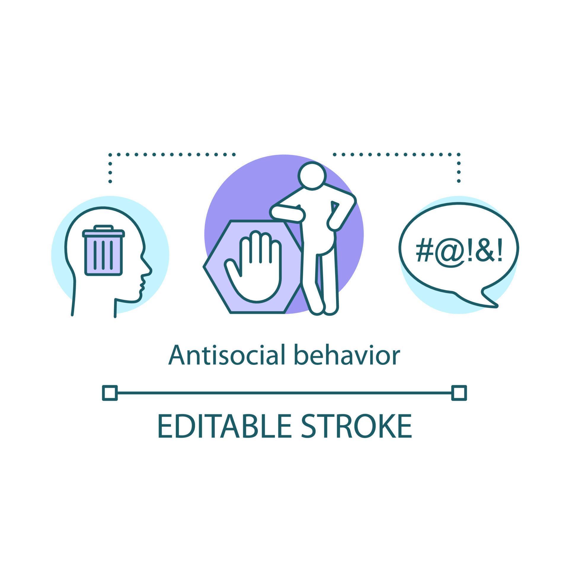 Antisocial behavior concept icon. Rude, violent behaviour idea thin