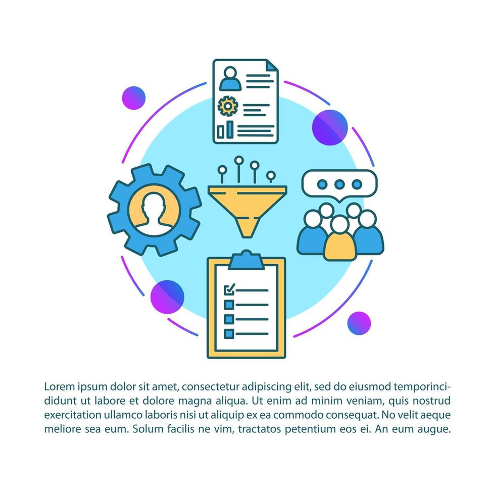 Social poll, survey article page vector template. Sociological research. Candidate sourcing. Brochure, magazine, booklet design element with linear icons. Print design. Concept illustrations with text