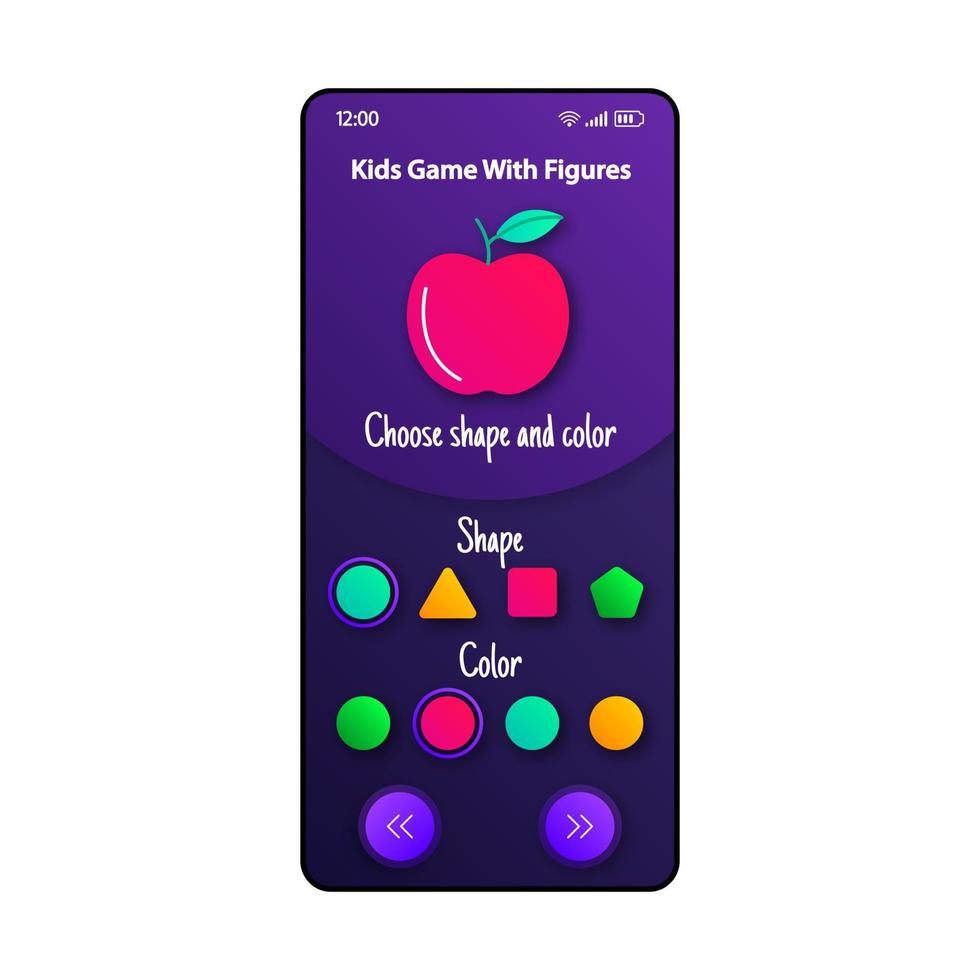 Kids figures game smartphone interface vector template. Mobile app page violet design layout. Learning colors and shapes screen. Flat UI for application. Elementary knowledge phone display