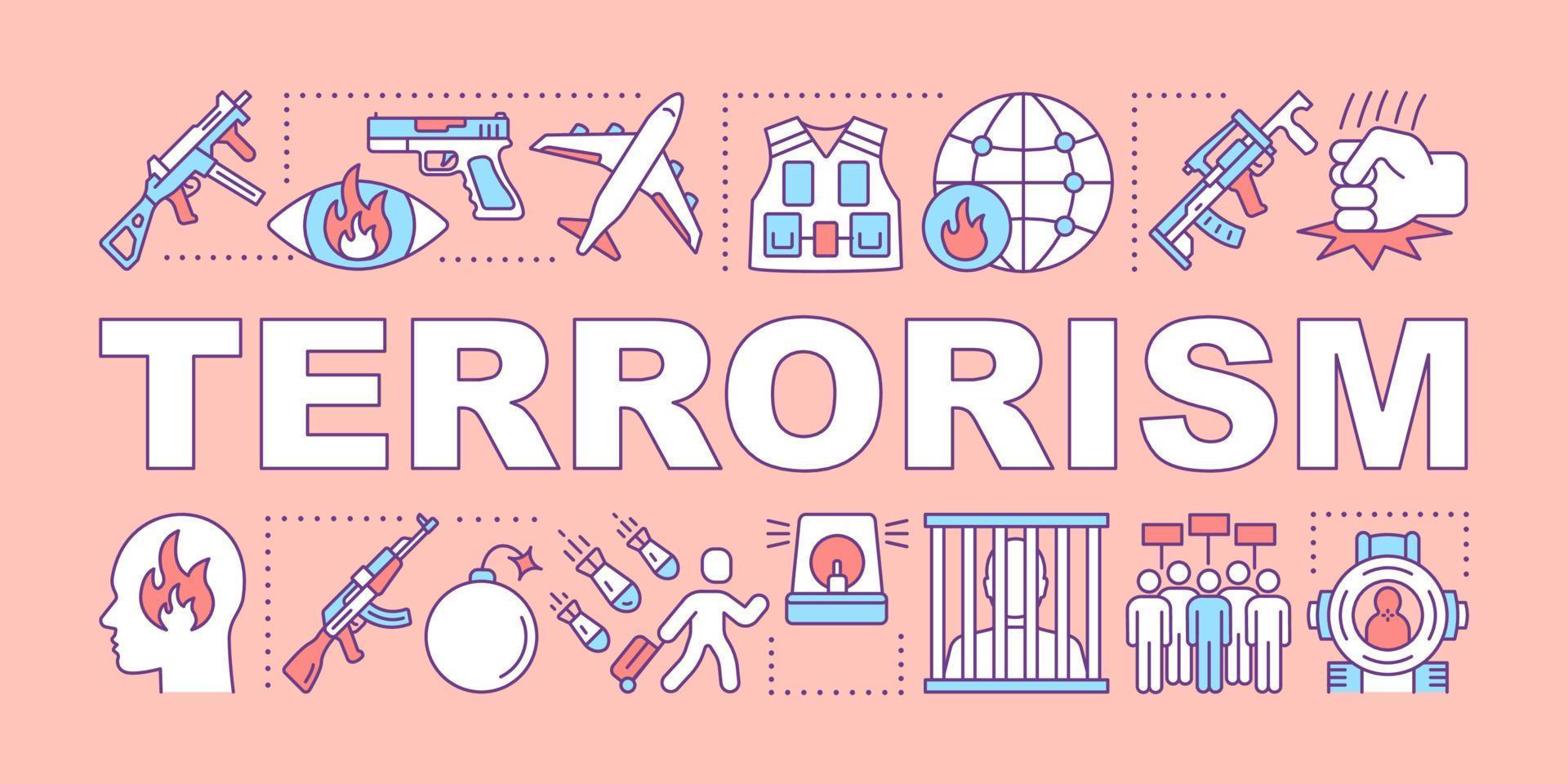 Terrorism word concepts banner. Extremism and warfare. Presentation, website. Violent crimes against society. Terrorist attack. Isolated typography idea with linear icons. Vector outline illustration