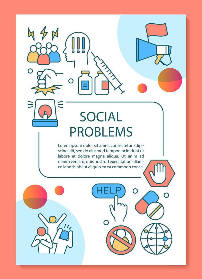Social problems poster template layout. Social disorganization, conflicts, crimes. Banner, booklet, leaflet design with linear icons. Vector brochure page layouts for magazines, advertising flyers