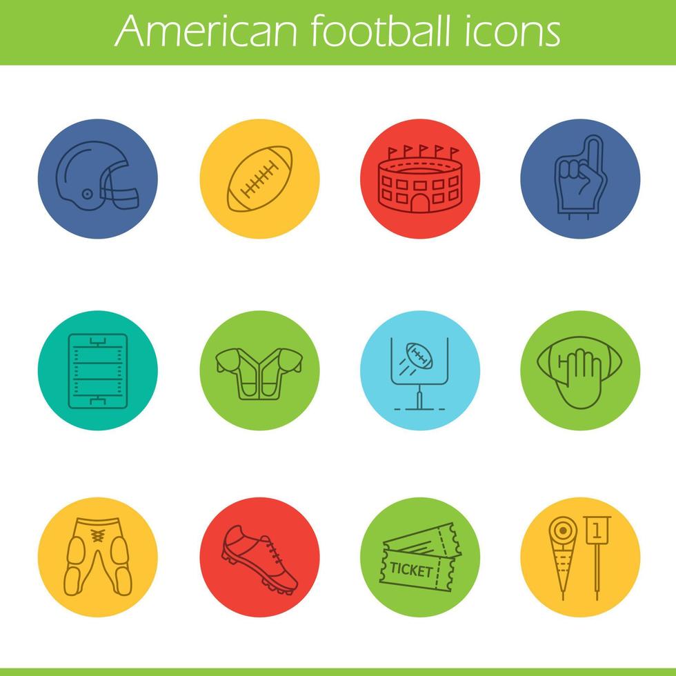 American football linear icons set. Helmet, shoulder pad, ball, shorts, hand holding ball, goal sign, foam finger, game tickets, arena. Thin line contour symbols on color circles. Vector illustrations