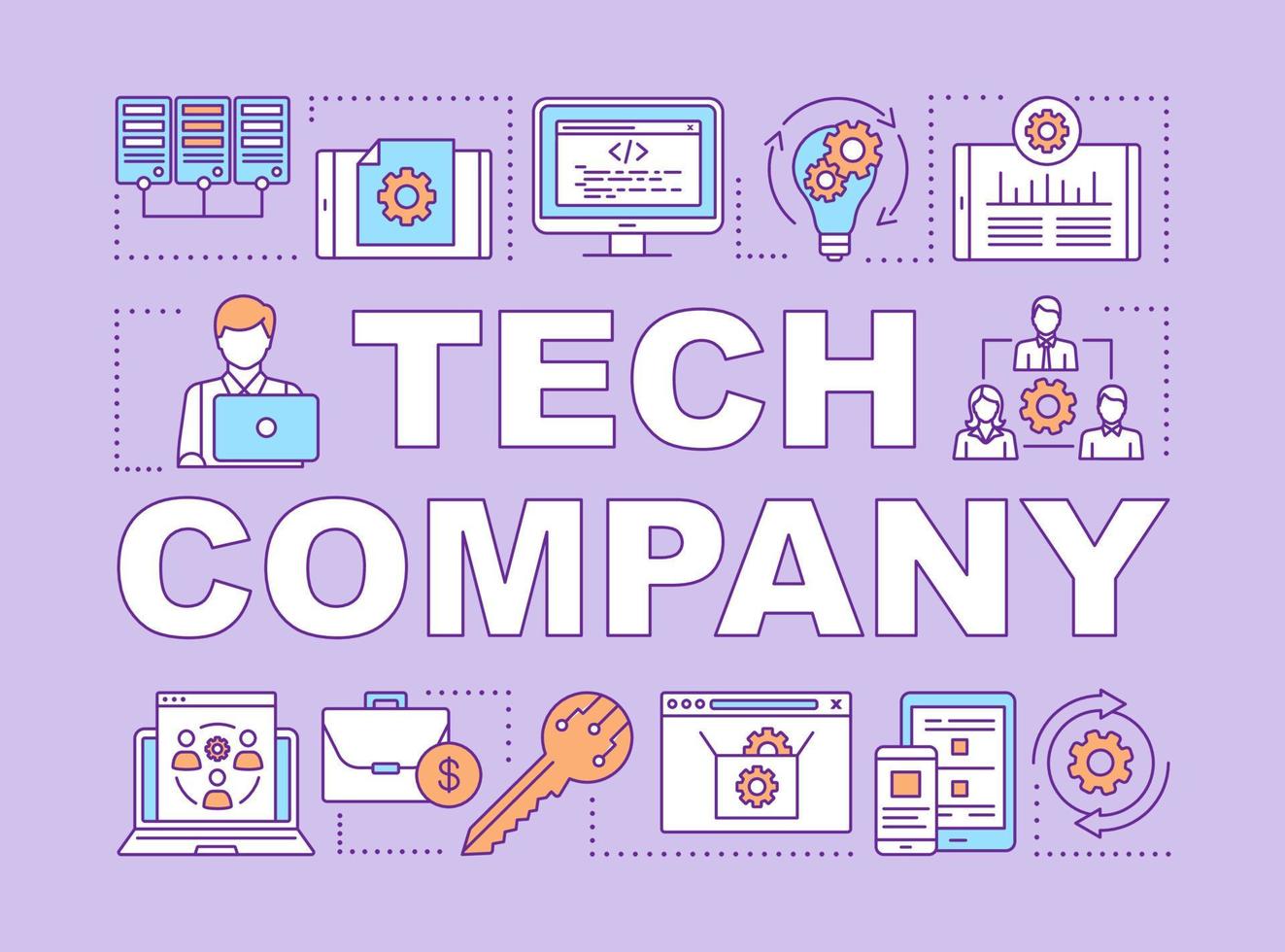 Tech company word concepts banner. Modern business, IT industry presentation, website. Isolated lettering typography idea with linear icons. Vector outline illustration. Computer technology