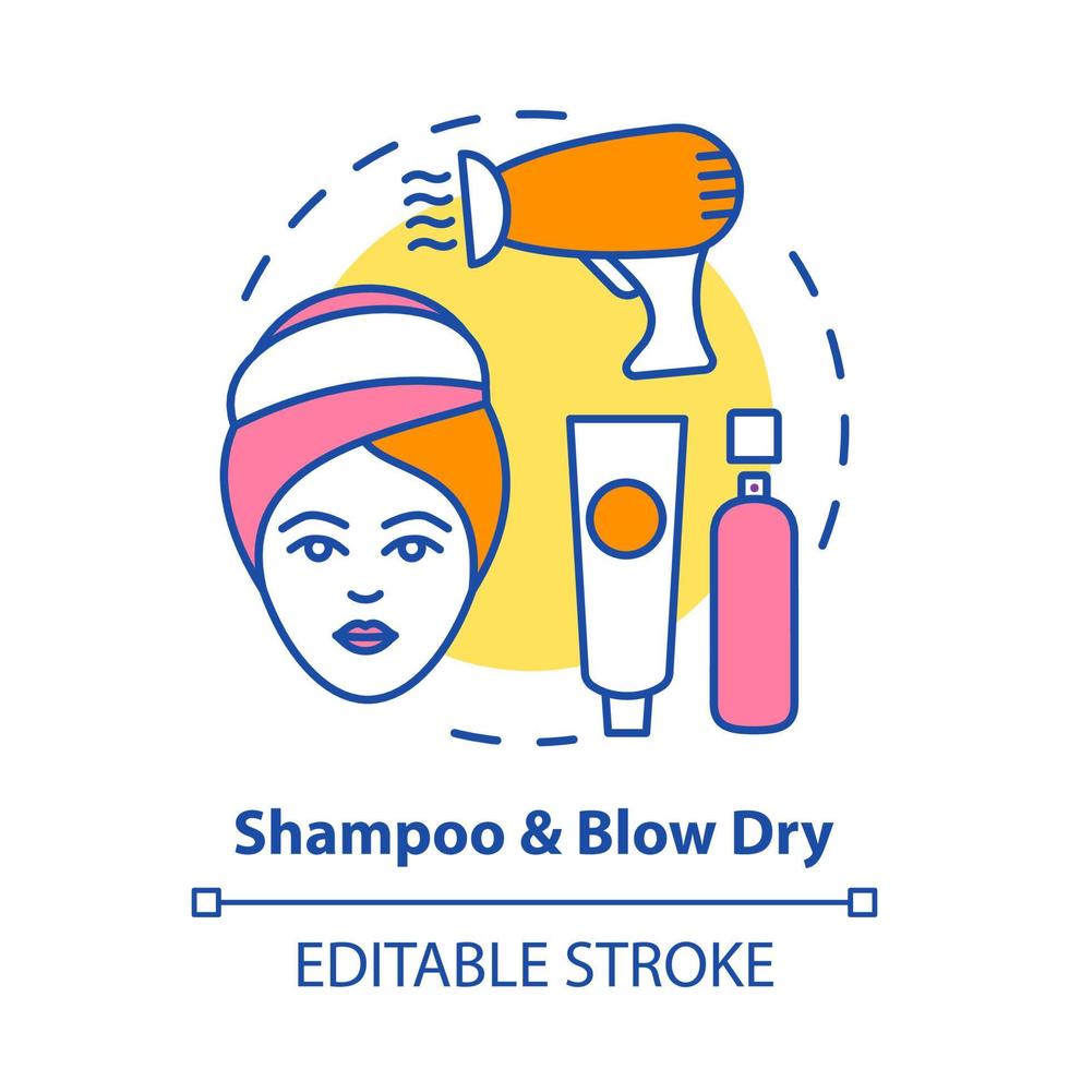 Shampoo and blow dry concept icon. Hair care and treatment products. Hairstyling idea thin line illustration. Hairdresser salon, hairstylist parlor. Vector isolated outline drawing. Editable stroke