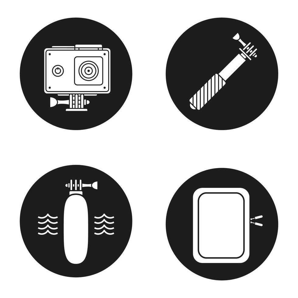 Action camera icons set. Floating grip, gadget protective case, monopod. Vector white silhouettes illustrations in black circles
