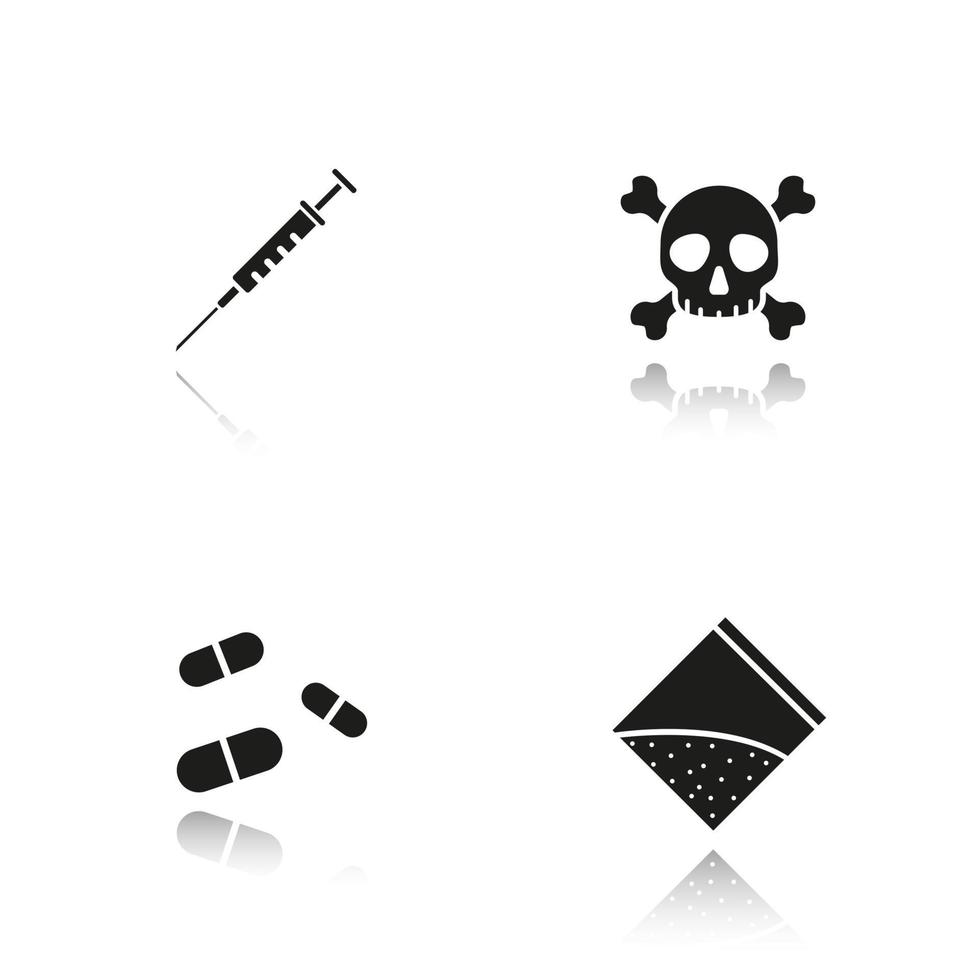 Drugs drop shadow black icons set. Syringe with needle, crossbones death and poison symbol, pills, narcotics packet. Isolated vector illustrations