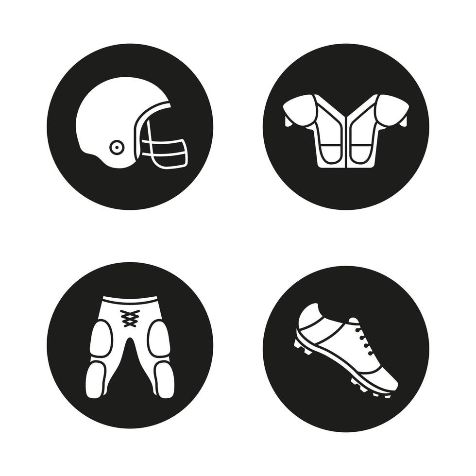 American football player's uniform icons set. Helmet, shoulder pad, shoe, shorts. Vector white silhouettes illustrations in black circles