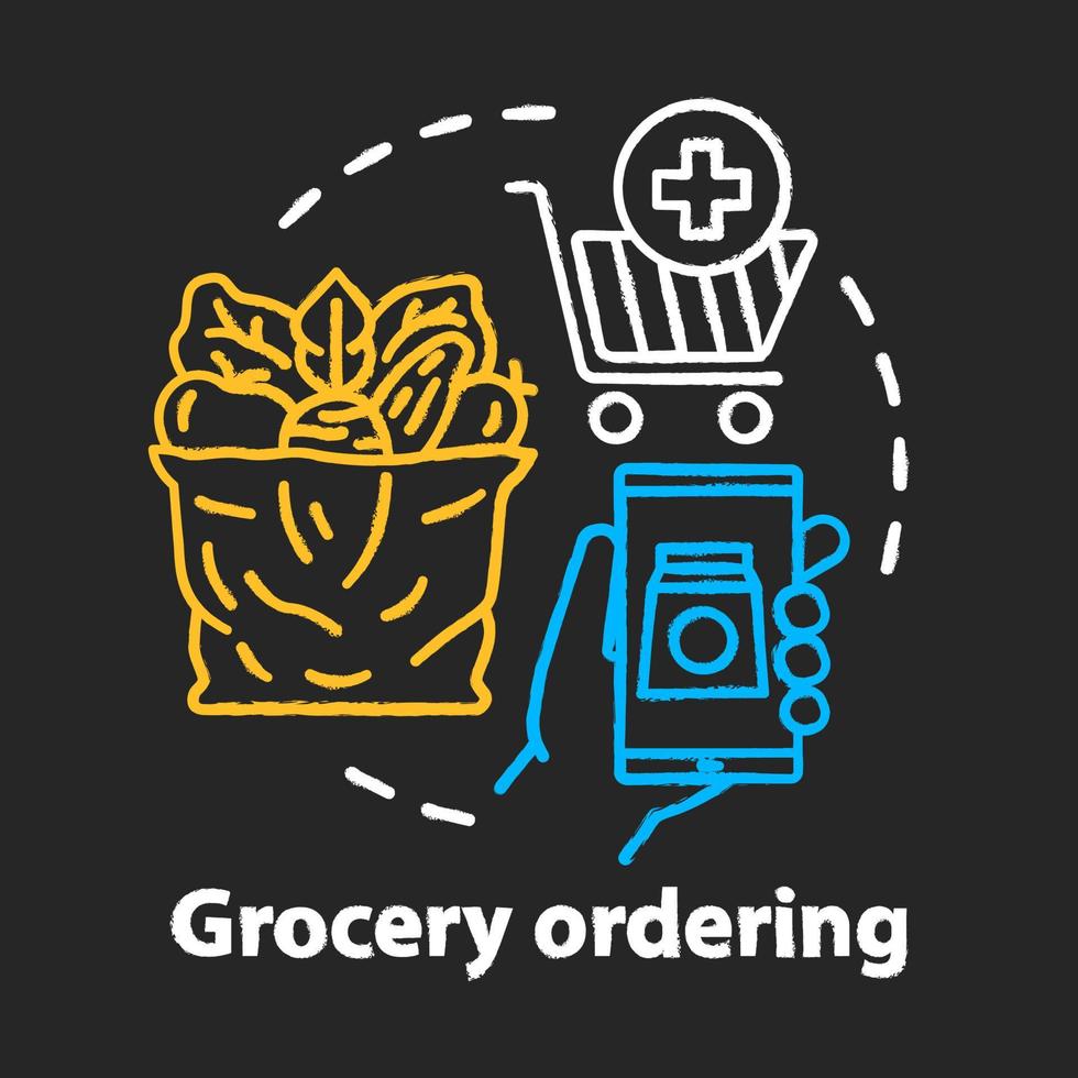 Grocery ordering chalk concept icon. Online shopping, home food delivery application idea. Express courier service. Trolley, smartphone and vegetables package vector isolated chalkboard illustration