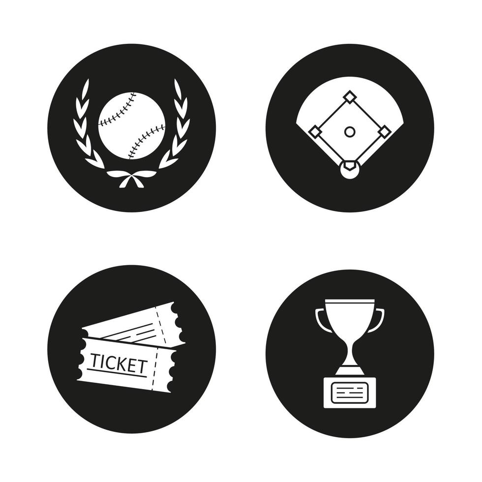 Conjunto de iconos de campeonato de béisbol. pelota de softbol en corona de laurel, campo, boletos, copa del ganador. ilustraciones de siluetas blancas vectoriales en círculos negros vector