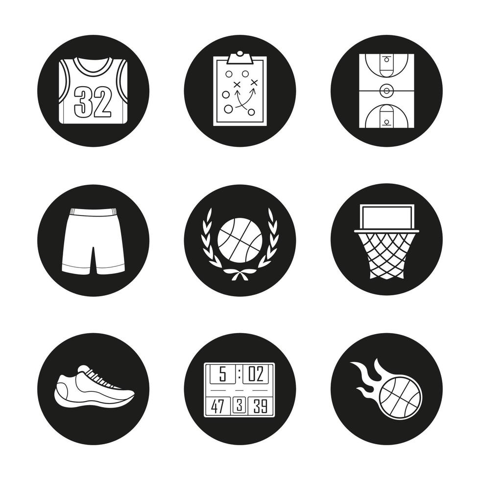 conjunto de iconos de baloncesto. camiseta, pantalones cortos y zapato, plan de juego, campo, aro, pelota en llamas, marcador. ilustraciones de siluetas blancas vectoriales en círculos negros vector